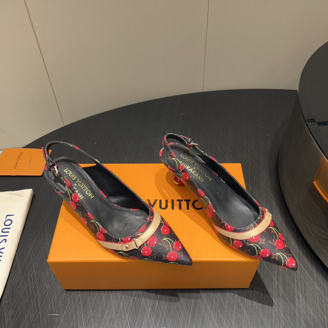 LOUIS VUITTON LV HIGH SLINGBACK LOGO AND CHERRY PRINT 25S 55MM IN DARK BROWN CALFSKIN
