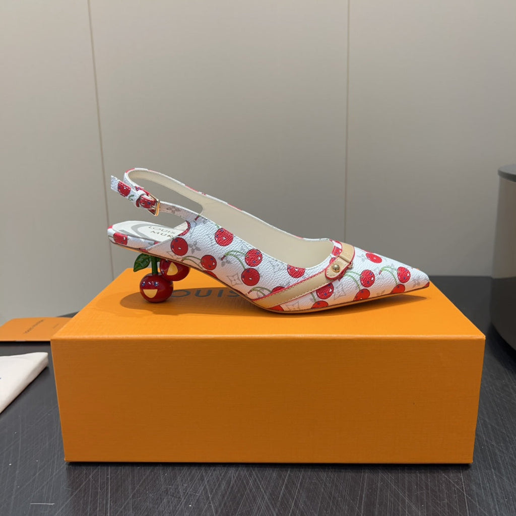LOUIS VUITTON LV HIGH SLINGBACK LOGO AND CHERRY PRINT 25S 55 MM IN WHITE CALFSKIN