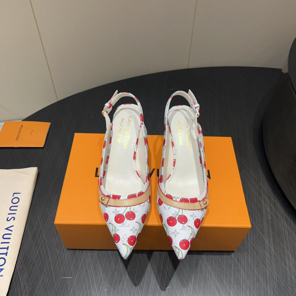 LOUIS VUITTON LV HIGH SLINGBACK LOGO AND CHERRY PRINT 25S 55 MM IN WHITE CALFSKIN