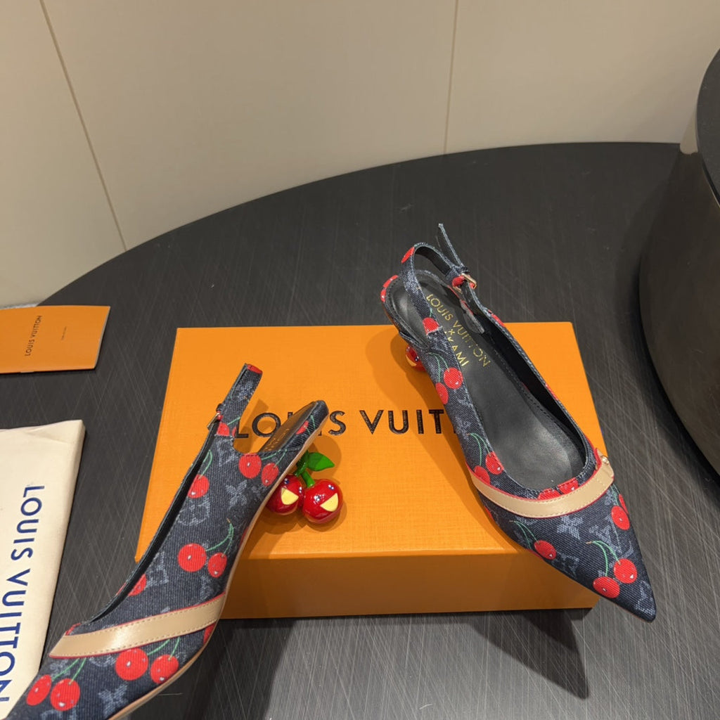 LOUIS VUITTON LV HIGH SLINGBACK LOGO AND CHERRY PRINT 25S 55MM IN CHARCOAL BLACK DENIM