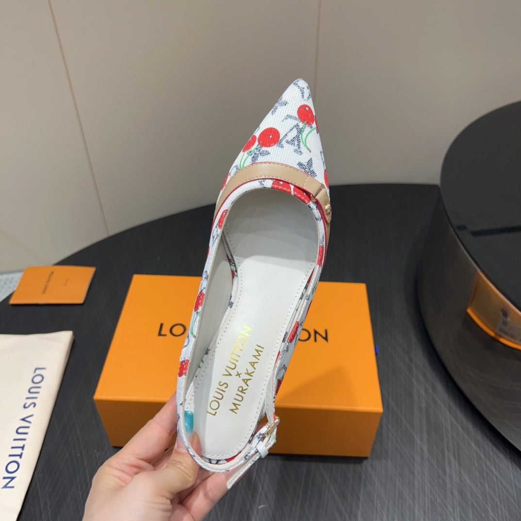 LOUIS VUITTON LV HIGH SLINGBACK LOGO AND CHERRY PRINT 25S 55MM IN WHITE DENIM