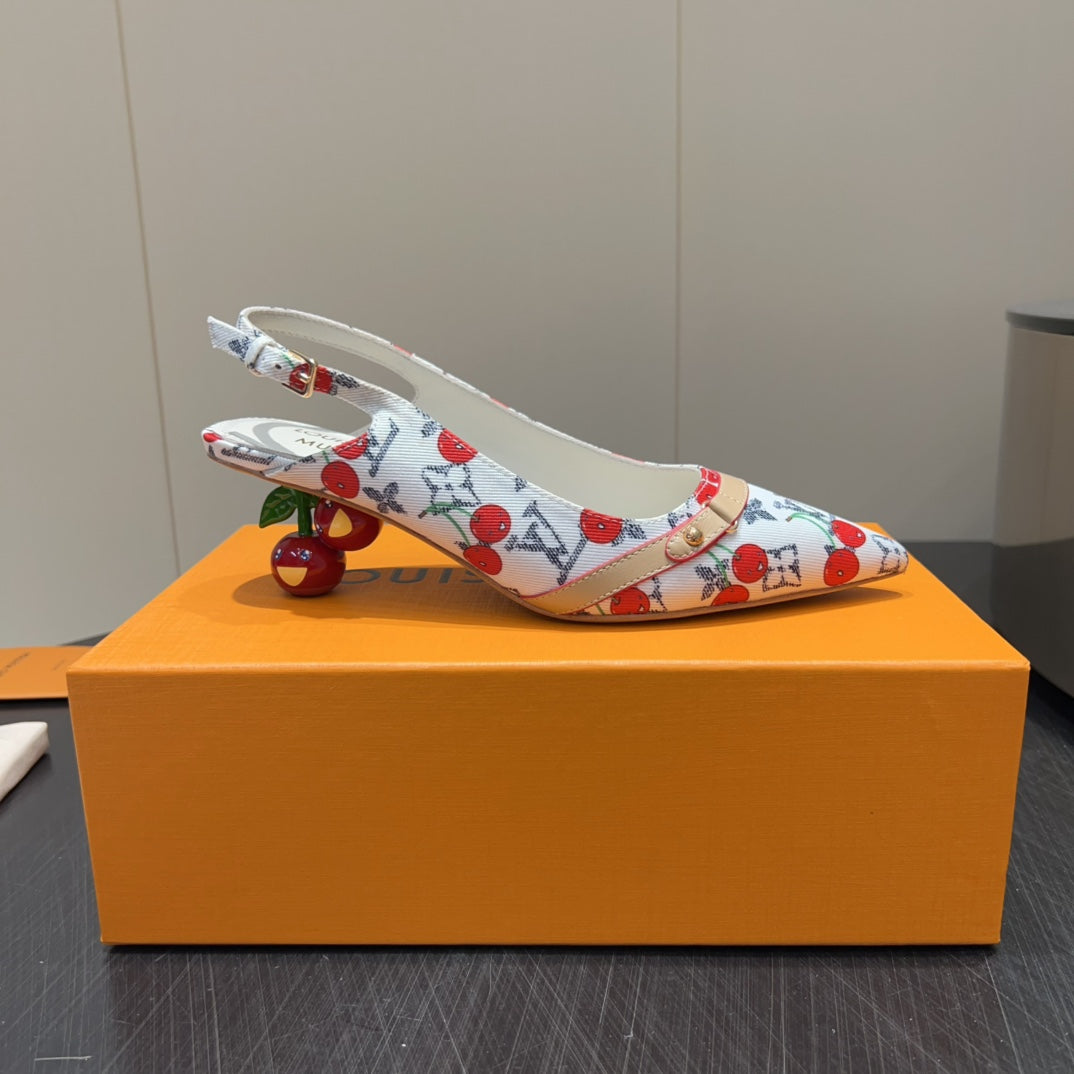 LOUIS VUITTON LV HIGH SLINGBACK LOGO AND CHERRY PRINT 25S 55MM IN WHITE DENIM