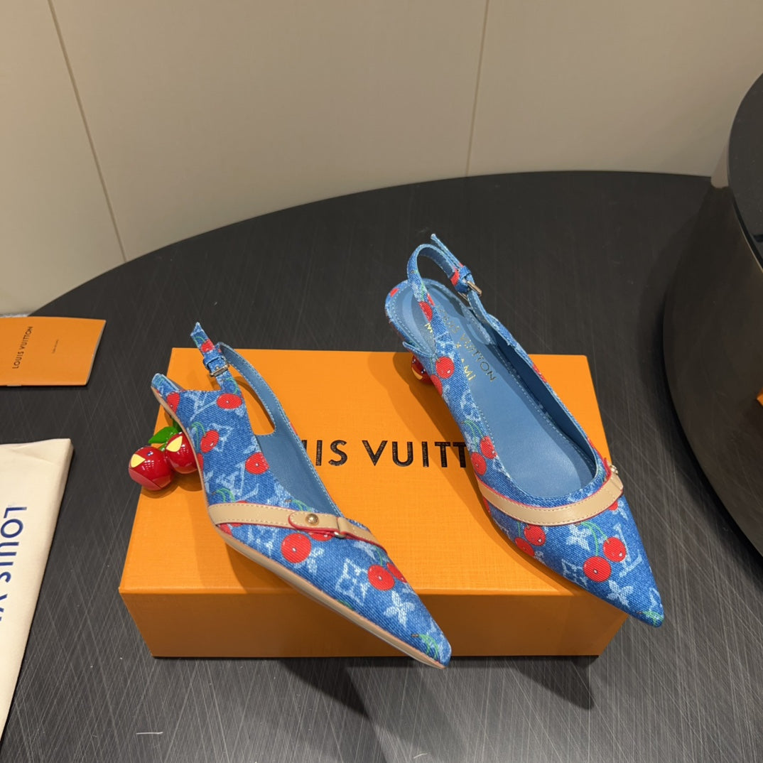 LOUIS VUITTON LV HIGH SLINGBACK LOGO AND CHERRY PRINT 25S 55MM IN BLUE DENIM