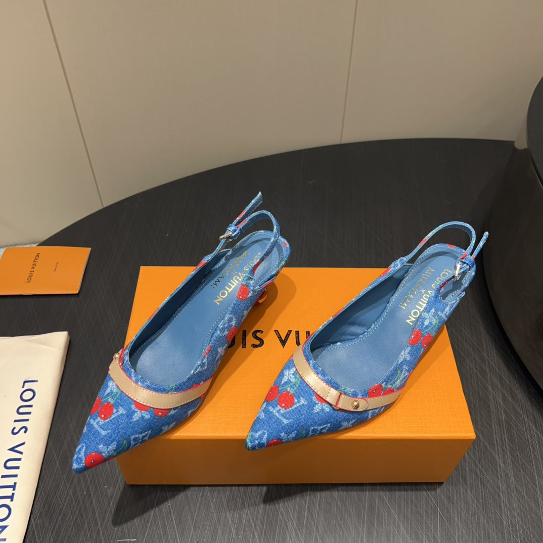 LOUIS VUITTON LV HIGH SLINGBACK LOGO AND CHERRY PRINT 25S 55MM IN BLUE DENIM