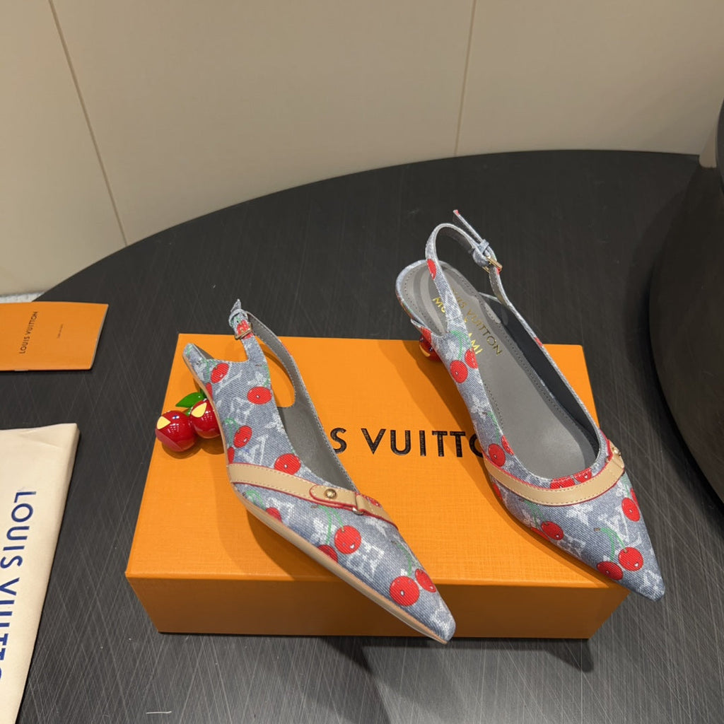 LOUIS VUITTON LV HIGH SLINGBACK LOGO AND CHERRY PRINT 25S 55MM IN GREY DENIM