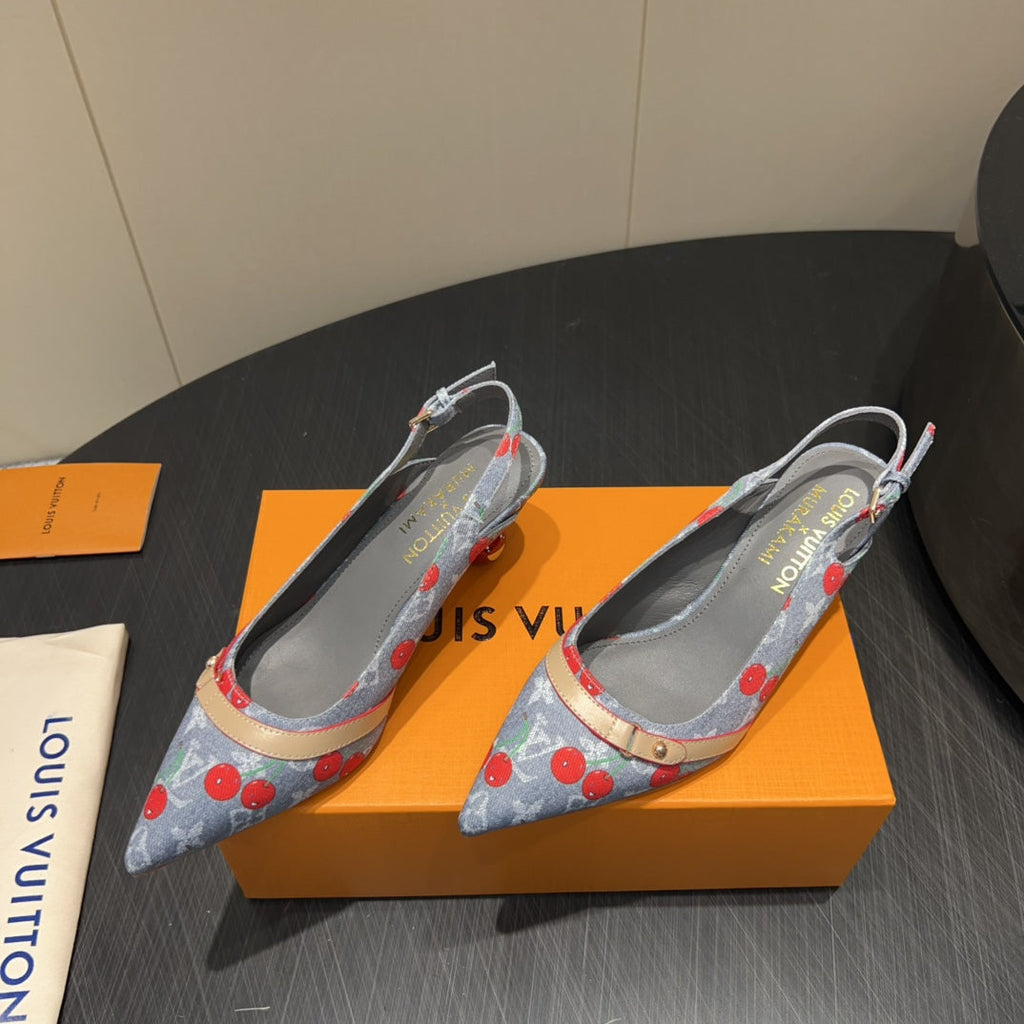 LOUIS VUITTON LV HIGH SLINGBACK LOGO AND CHERRY PRINT 25S 55MM IN GREY DENIM