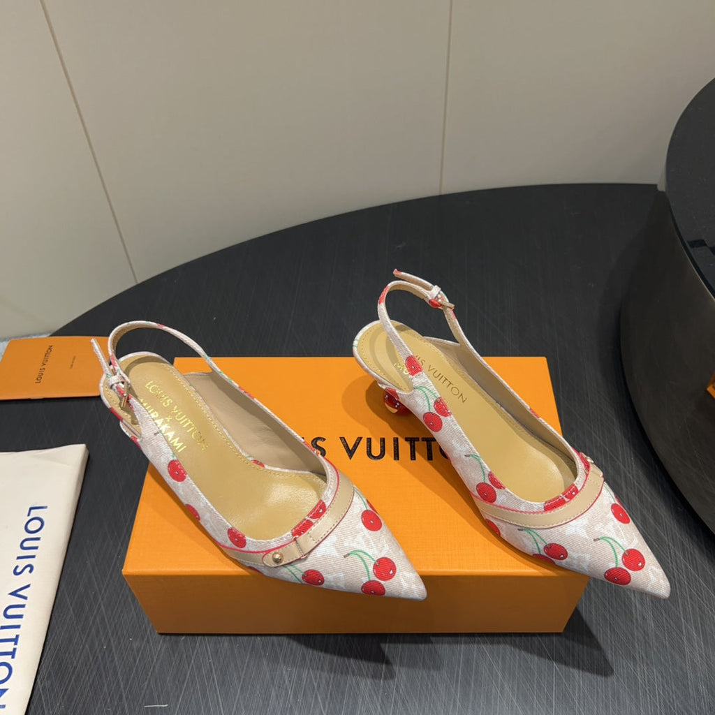 LOUIS VUITTON LV HIGH SLINGBACK LOGO AND CHERRY PRINT 25S 55MM IN BLUSH NUDE DENIM