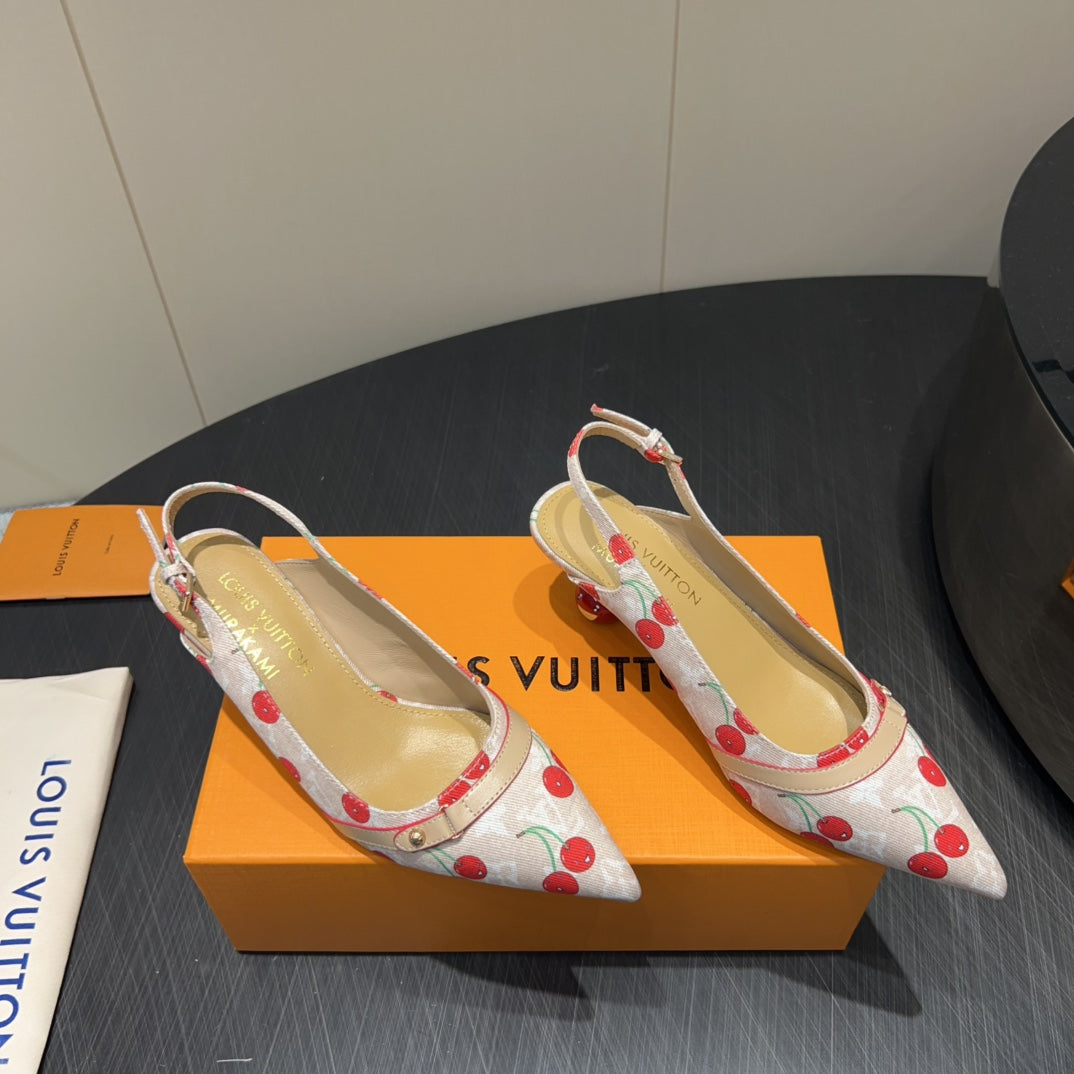 LOUIS VUITTON LV HIGH SLINGBACK LOGO AND CHERRY PRINT 25S 55MM IN BLUSH NUDE DENIM