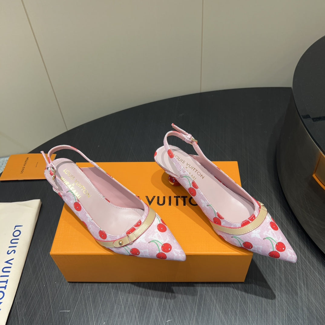 LOUIS VUITTON LV HIGH SLINGBACK LOGO AND CHERRY PRINT 25S 55MM IN LIGHT PINK DENIM