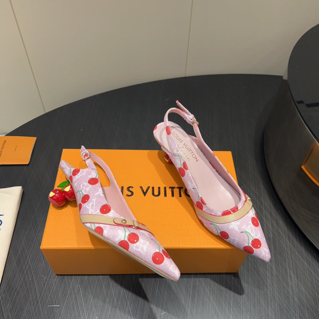 LOUIS VUITTON LV HIGH SLINGBACK LOGO AND CHERRY PRINT 25S 55MM IN LIGHT PINK DENIM