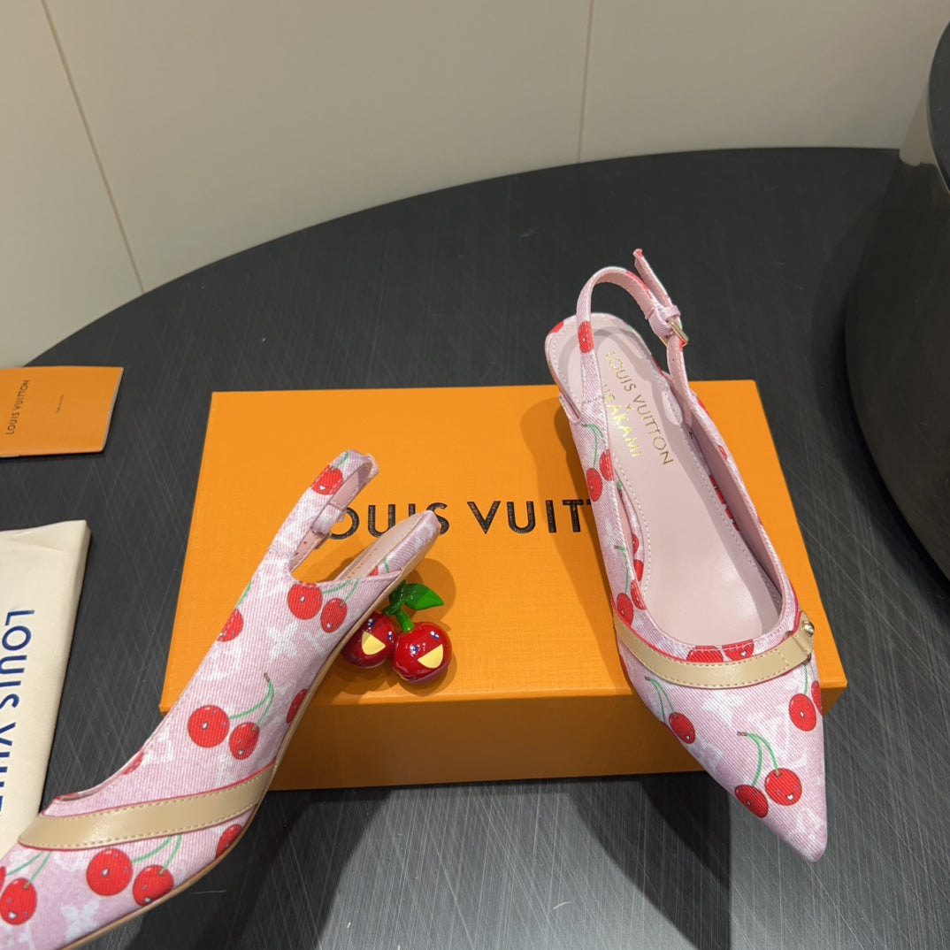 LOUIS VUITTON LV HIGH SLINGBACK LOGO AND CHERRY PRINT 25S 55MM IN LIGHT PINK DENIM