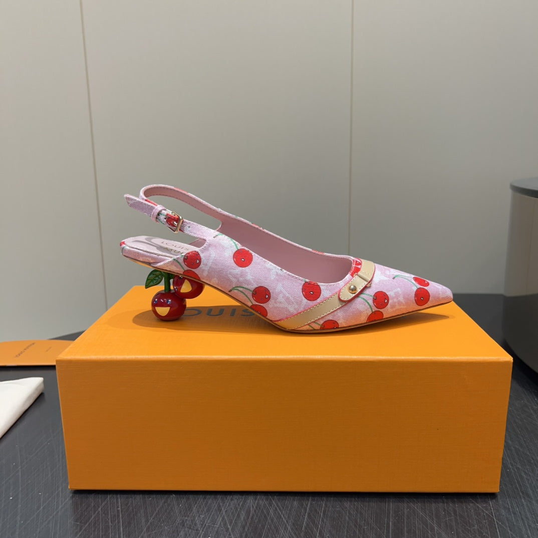 LOUIS VUITTON LV HIGH SLINGBACK LOGO AND CHERRY PRINT 25S 55MM IN LIGHT PINK DENIM