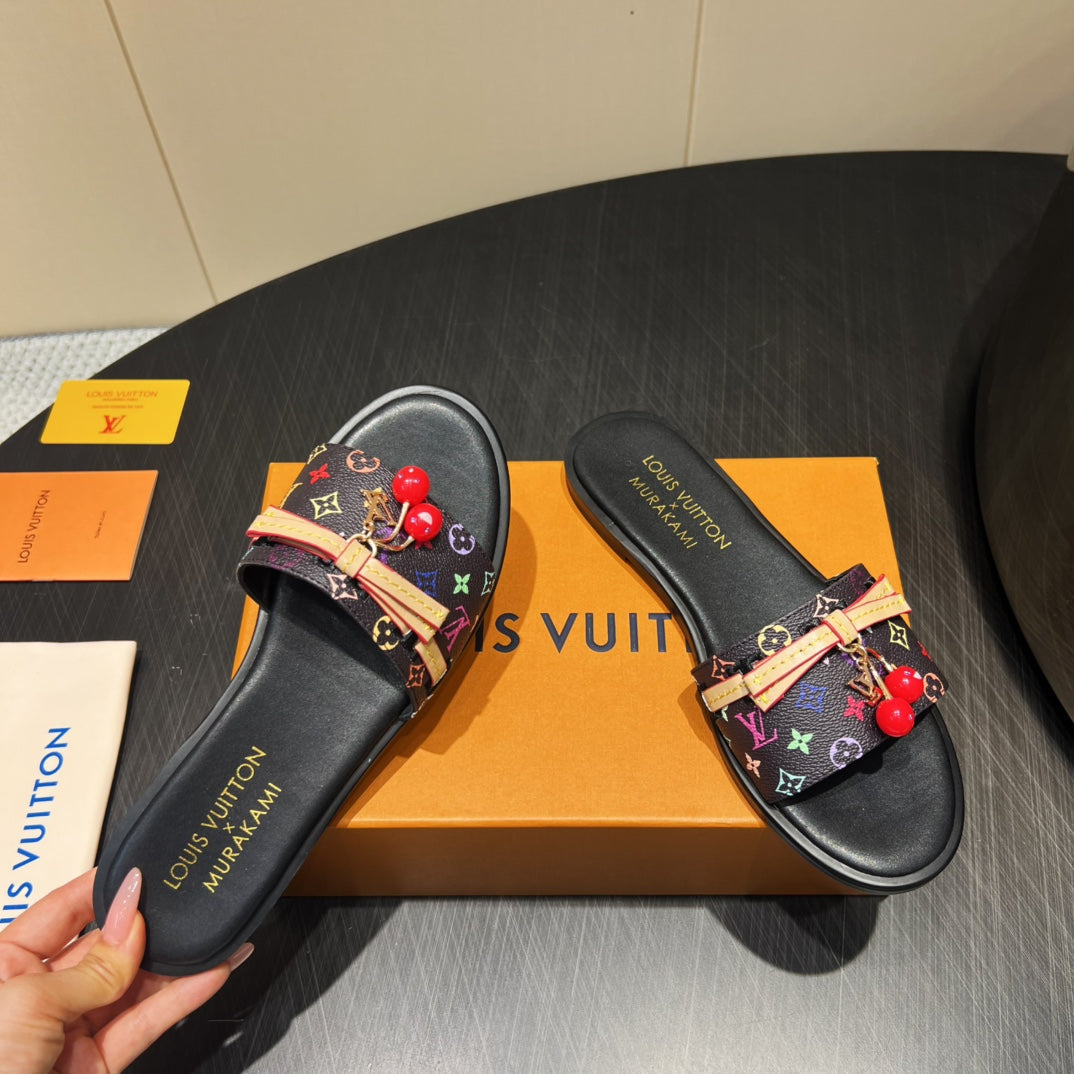 LOUIS VUITTON LV SLIDE SANDALS LOGO PRINT 25S IN BLACK CALFSKIN WITH CHERRY BLOSSOM BUCKLE