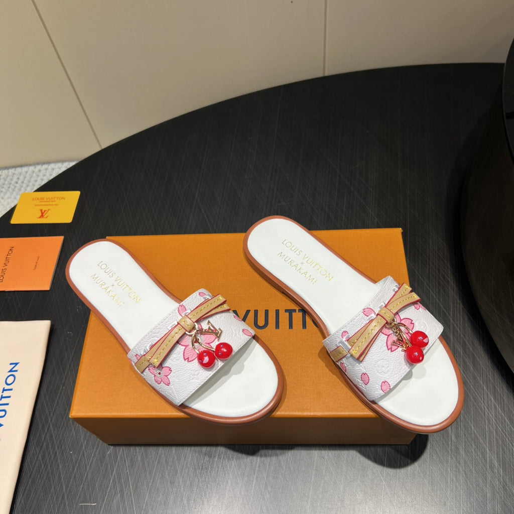 LOUIS VUITTON LV SLIDE SANDALS 25S IN WHITE CALFSKIN WITH CHERRY BLOSSOM BUCKLE