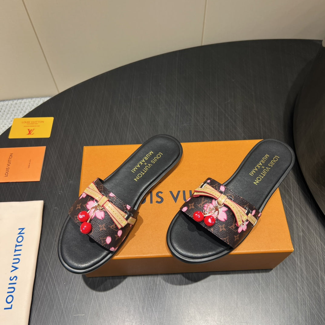 LOUIS VUITTON LV SLIDE SANDALS 25S IN DARK BROWN AND BLACK CALFSKIN WITH CHERRY BLOSSOM BUCKLE