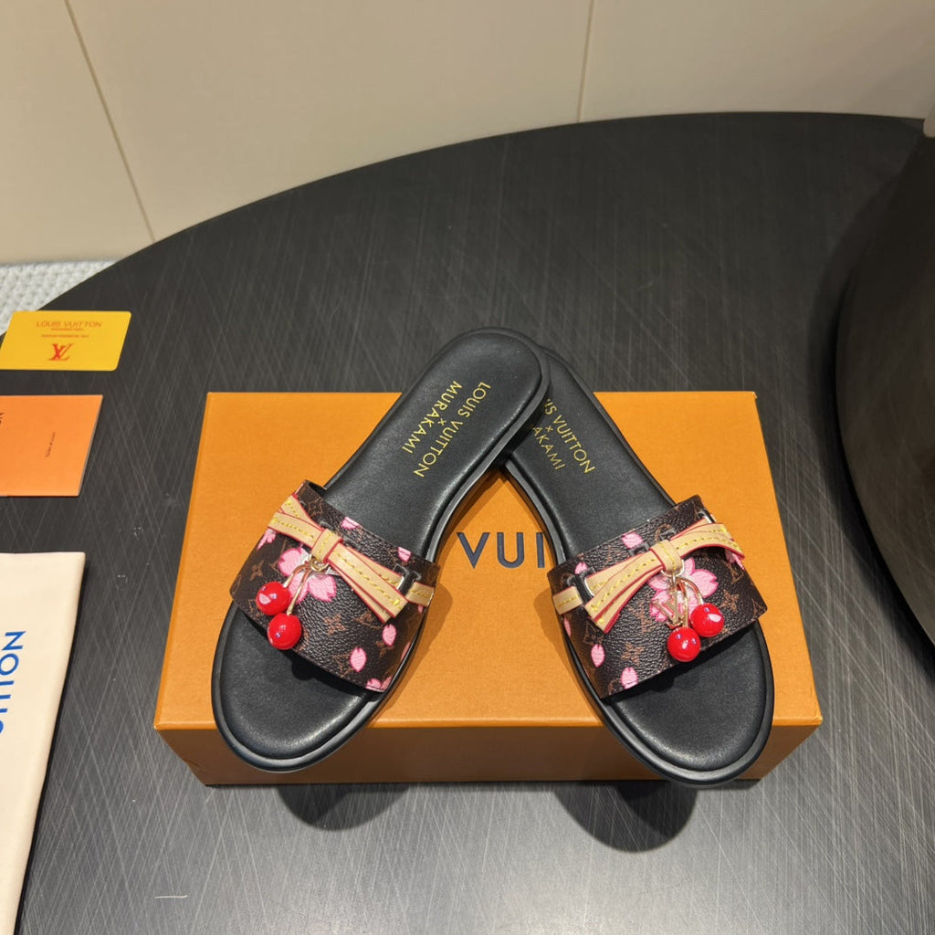 LOUIS VUITTON LV SLIDE SANDALS 25S IN DARK BROWN AND BLACK CALFSKIN WITH CHERRY BLOSSOM BUCKLE