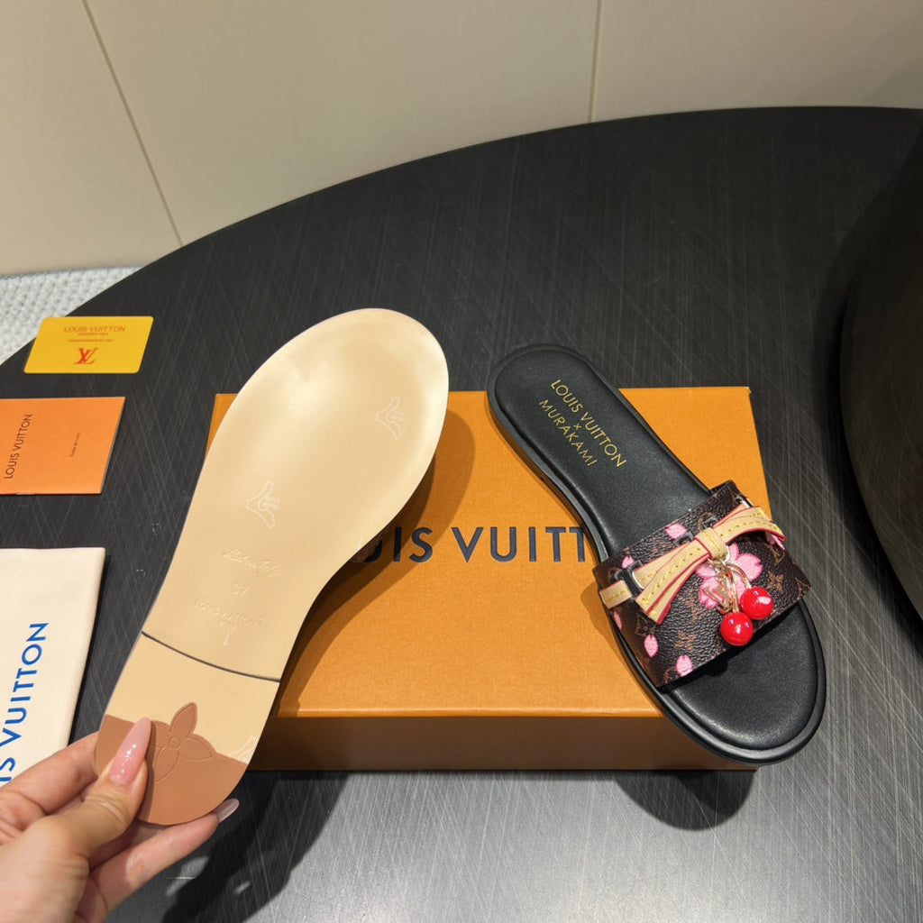LOUIS VUITTON LV SLIDE SANDALS 25S IN DARK BROWN AND BLACK CALFSKIN WITH CHERRY BLOSSOM BUCKLE