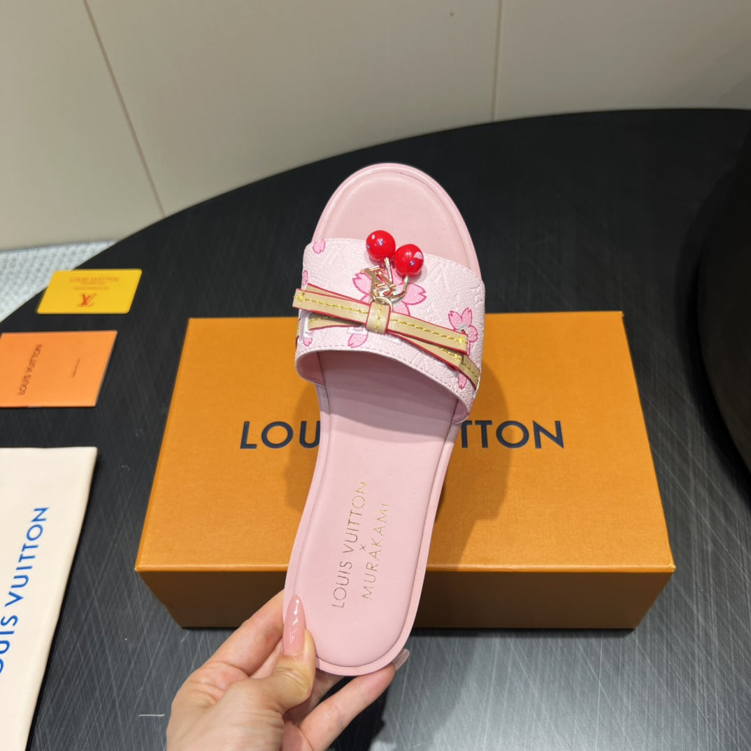 LOUIS VUITTON LV SLIDE SANDALS 25S IN LIGHT PINK CALFSKIN WITH CHERRY BLOSSOM BUCKLE