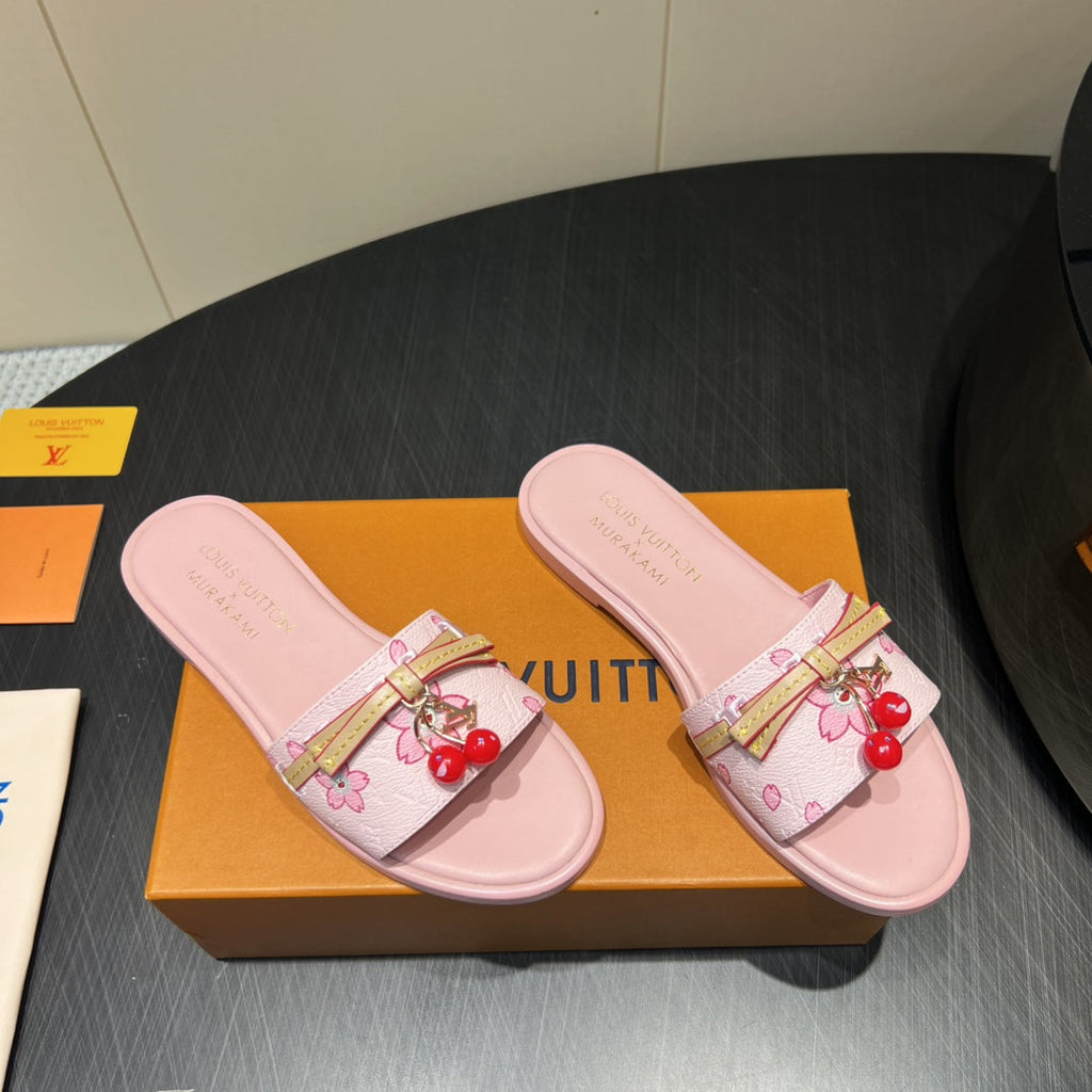 LOUIS VUITTON LV SLIDE SANDALS 25S IN LIGHT PINK CALFSKIN WITH CHERRY BLOSSOM BUCKLE