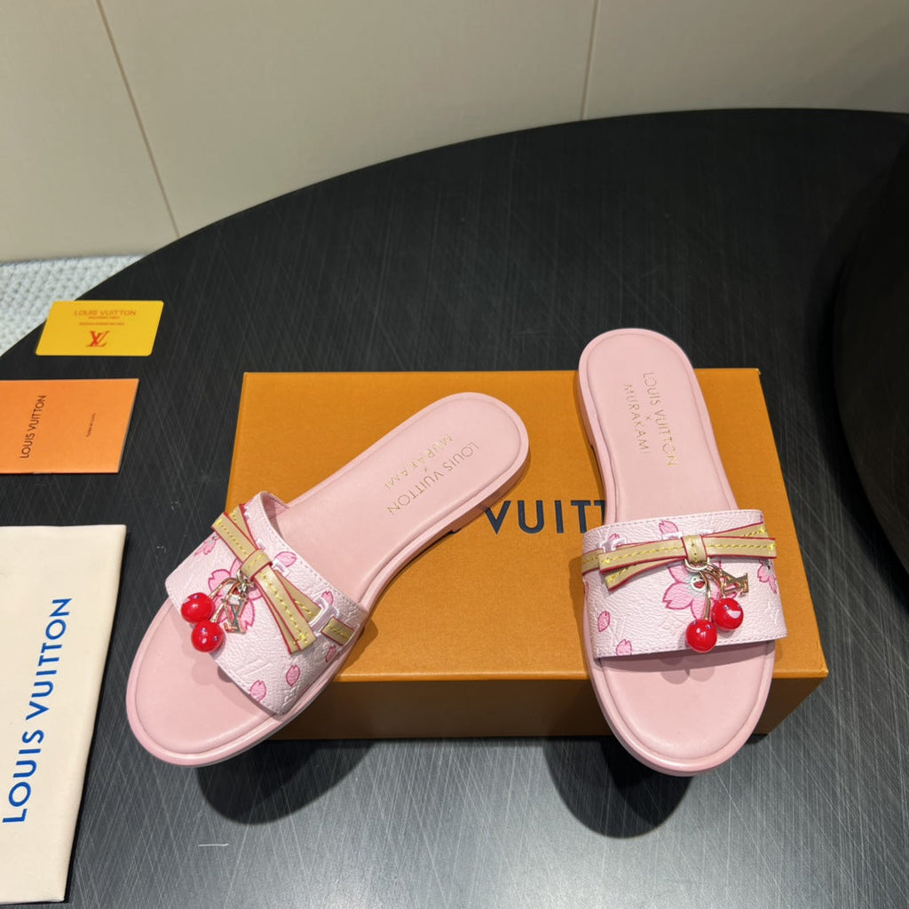 LOUIS VUITTON LV SLIDE SANDALS 25S IN LIGHT PINK CALFSKIN WITH CHERRY BLOSSOM BUCKLE
