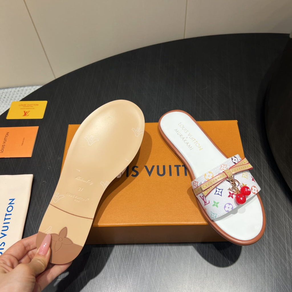 LOUIS VUITTON LV SLIDE SANDALS LOGO PRINT 25S IN WHITE CALFSKIN WITH CHERRY BLOSSOM BUCKLE