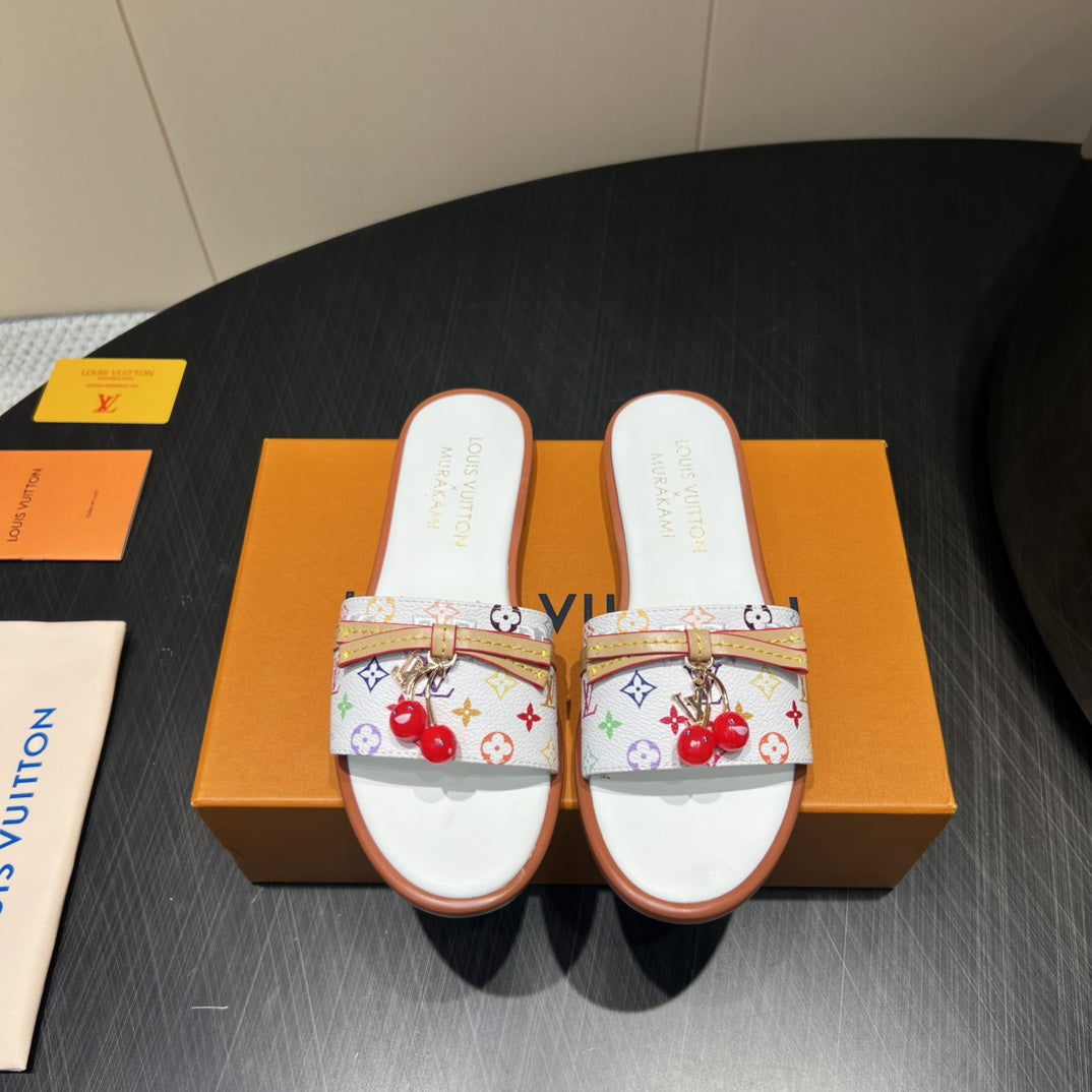 LOUIS VUITTON LV SLIDE SANDALS LOGO PRINT 25S IN WHITE CALFSKIN WITH CHERRY BLOSSOM BUCKLE
