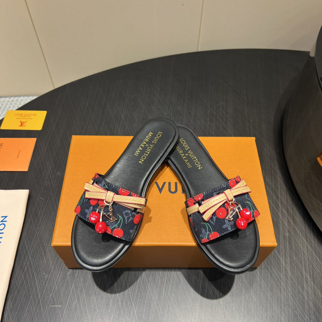 LOUIS VUITTON LV SLIDE SANDALS 25S IN BLACK DENIM AND CALFSKIN WITH CHERRY BLOSSOM BUCKLE