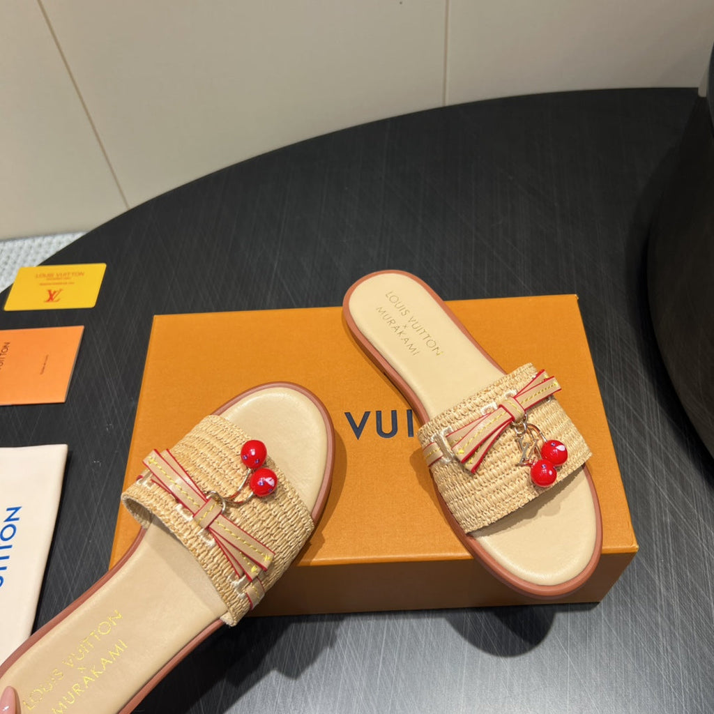 LOUIS VUITTON LV SLIDE SANDALS 25S IN BEIGE RAFFIA AND CALFSKIN WITH CHERRY BLOSSOM BUCKLE