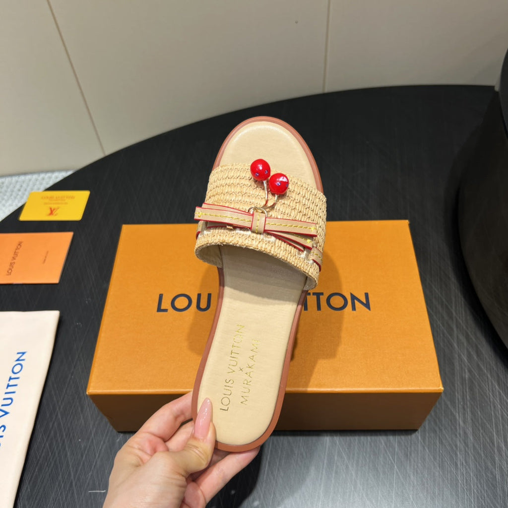 LOUIS VUITTON LV SLIDE SANDALS 25S IN BEIGE RAFFIA AND CALFSKIN WITH CHERRY BLOSSOM BUCKLE