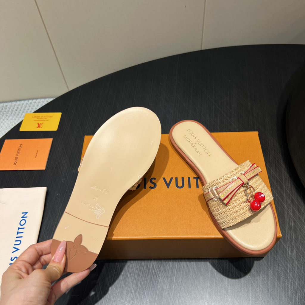 LOUIS VUITTON LV SLIDE SANDALS 25S IN BEIGE RAFFIA AND CALFSKIN WITH CHERRY BLOSSOM BUCKLE