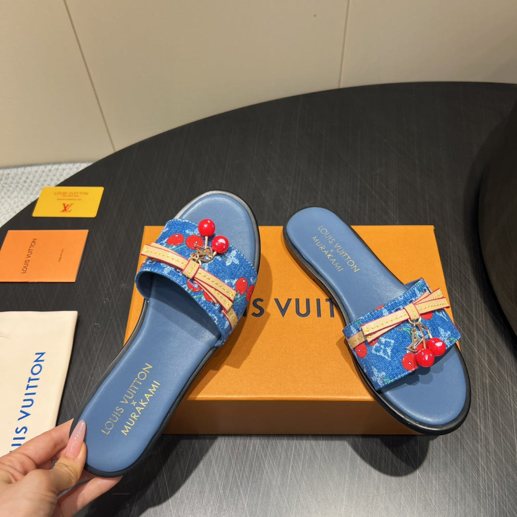 LOUIS VUITTON LV SLIDE SANDALS 25S IN DARK BLUE DENIM AND CALFSKIN WITH CHERRY BLOSSOM BUCKLE