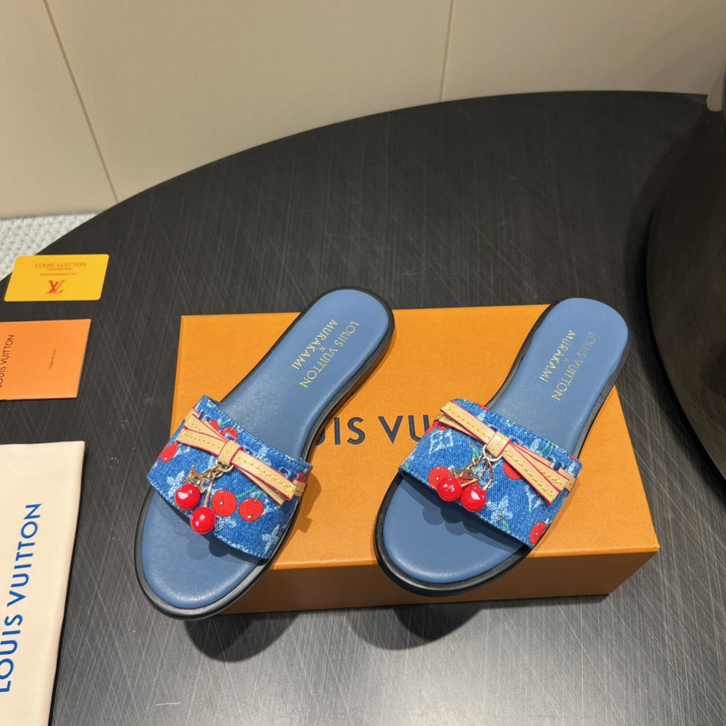 LOUIS VUITTON LV SLIDE SANDALS 25S IN DARK BLUE DENIM AND CALFSKIN WITH CHERRY BLOSSOM BUCKLE