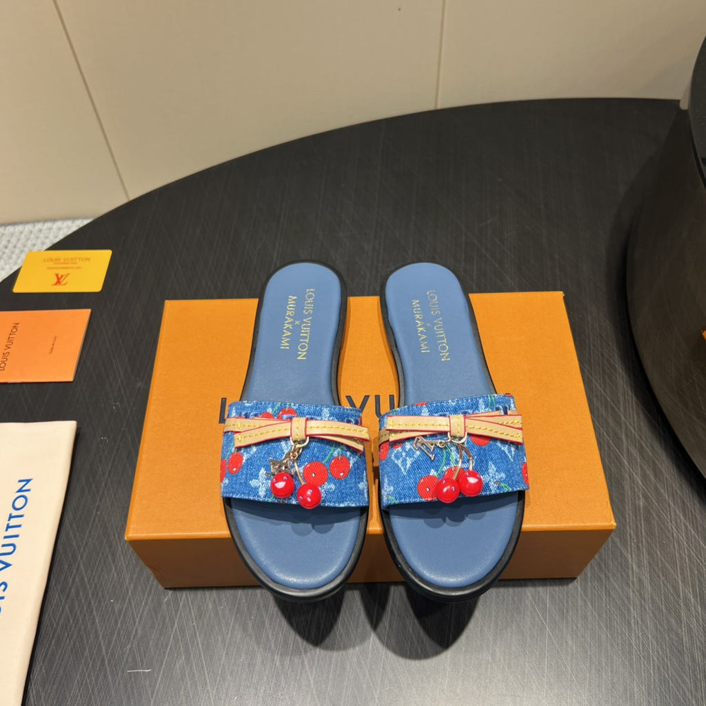 LOUIS VUITTON LV SLIDE SANDALS 25S IN DARK BLUE DENIM AND CALFSKIN WITH CHERRY BLOSSOM BUCKLE