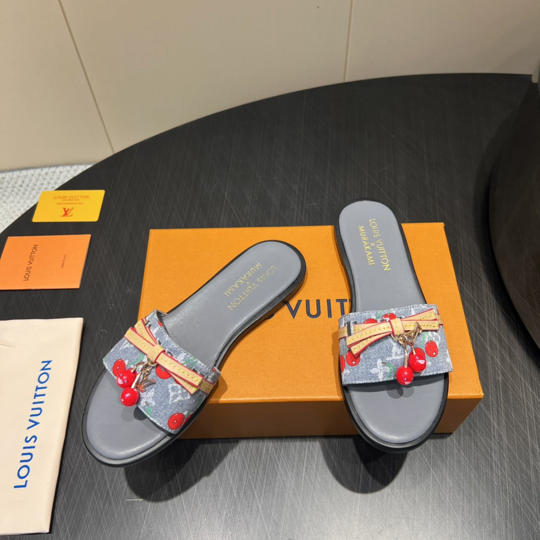 LOUIS VUITTON LV SLIDE SANDALS 25S IN GREY DENIM AND CALFSKIN WITH CHERRY BLOSSOM BUCKLE