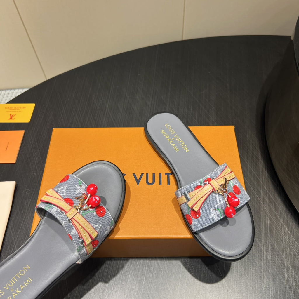LOUIS VUITTON LV SLIDE SANDALS 25S IN GREY DENIM AND CALFSKIN WITH CHERRY BLOSSOM BUCKLE