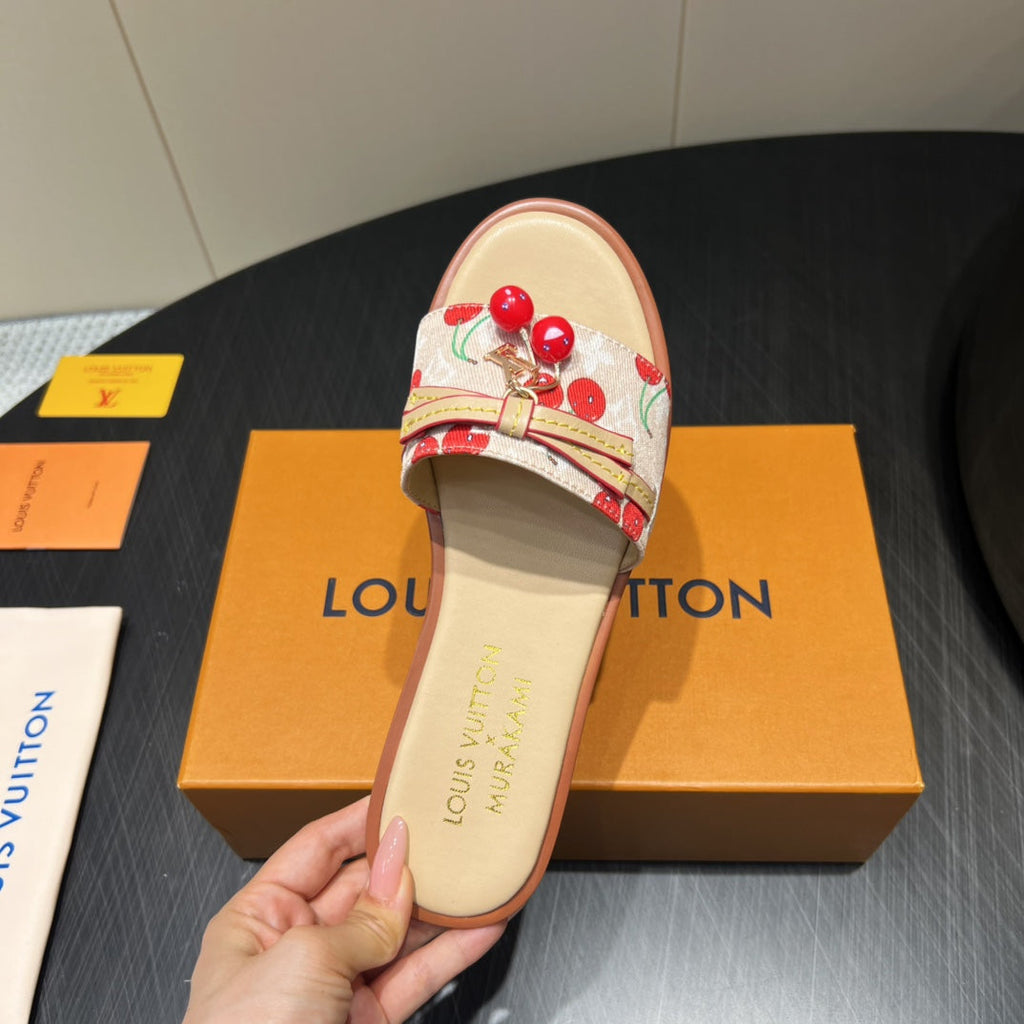 LOUIS VUITTON LV SLIDE SANDALS 25S IN BEIGE DENIM AND CALFSKIN WITH CHERRY BLOSSOM BUCKLE