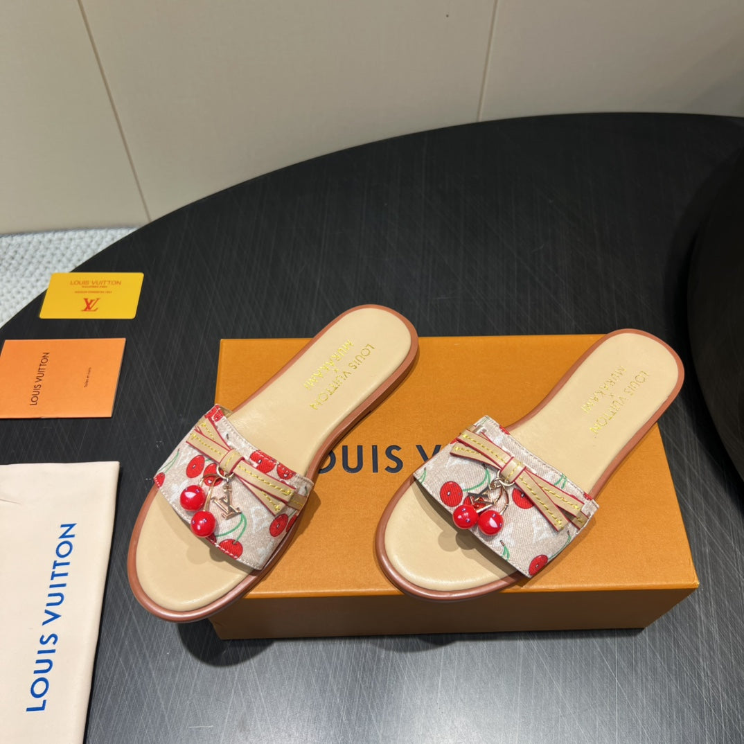 LOUIS VUITTON LV SLIDE SANDALS 25S IN BEIGE DENIM AND CALFSKIN WITH CHERRY BLOSSOM BUCKLE