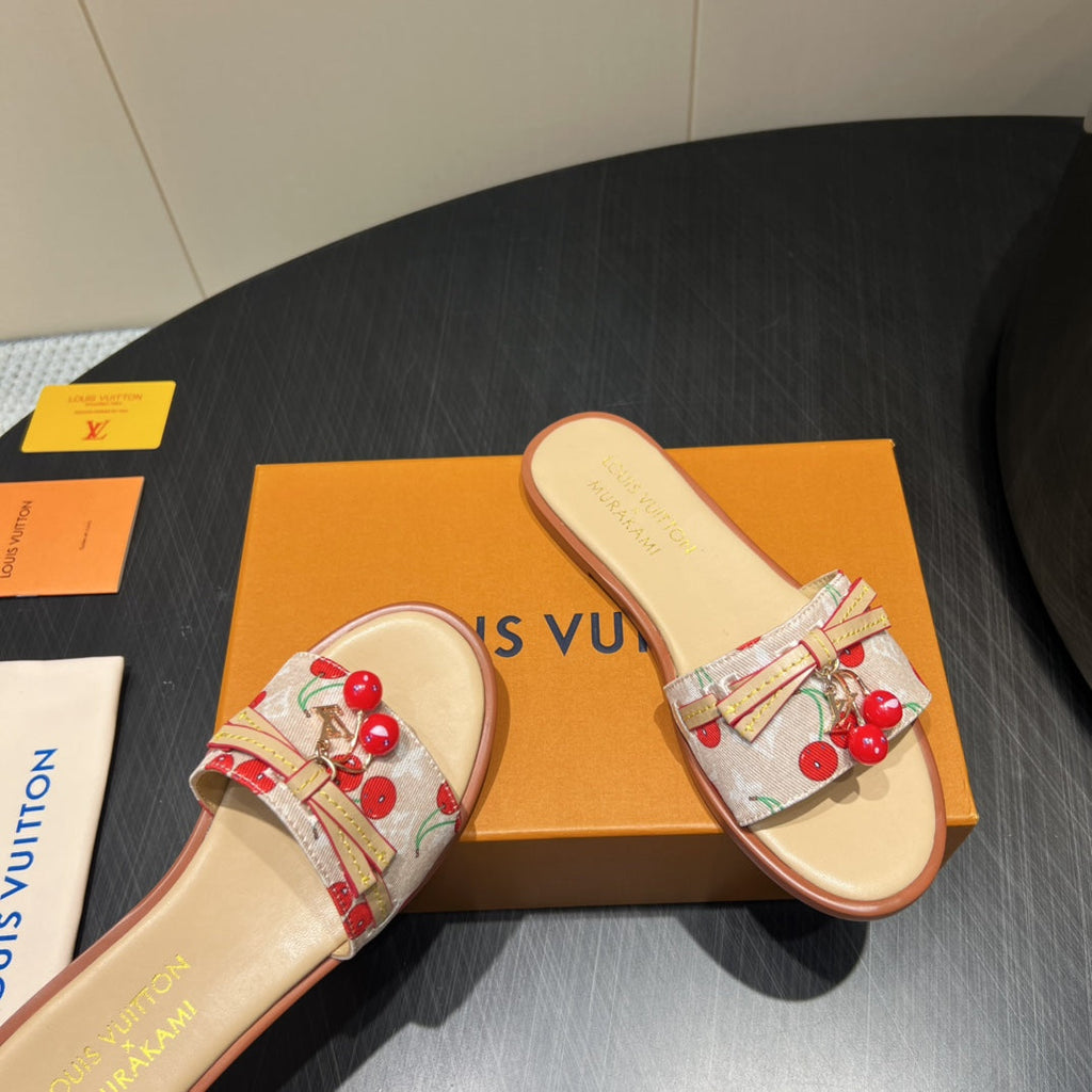 LOUIS VUITTON LV SLIDE SANDALS 25S IN BEIGE DENIM AND CALFSKIN WITH CHERRY BLOSSOM BUCKLE