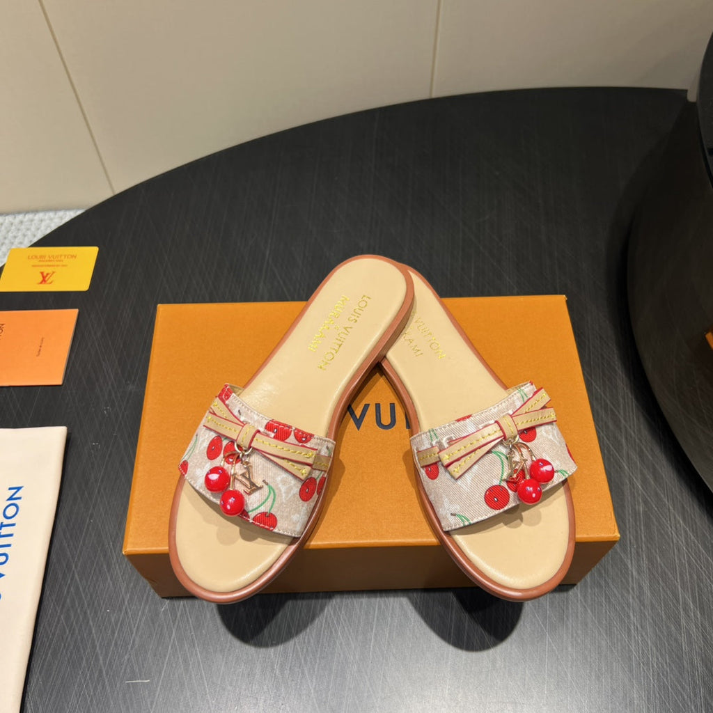 LOUIS VUITTON LV SLIDE SANDALS 25S IN BEIGE DENIM AND CALFSKIN WITH CHERRY BLOSSOM BUCKLE