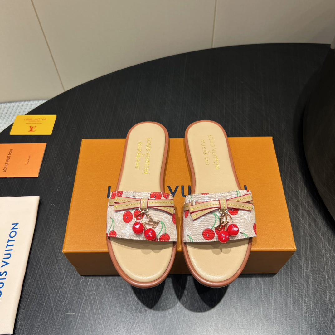 LOUIS VUITTON LV SLIDE SANDALS 25S IN BEIGE DENIM AND CALFSKIN WITH CHERRY BLOSSOM BUCKLE