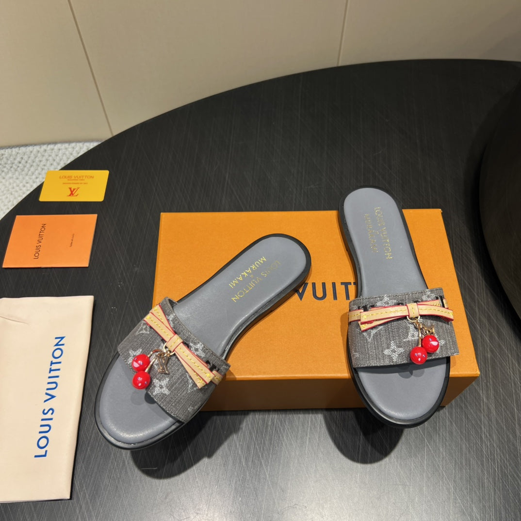 LOUIS VUITTON LV SLIDE SANDALS 25S IN DARK GREY DENIM AND CALFSKIN WITH CHERRY BLOSSOM BUCKLE