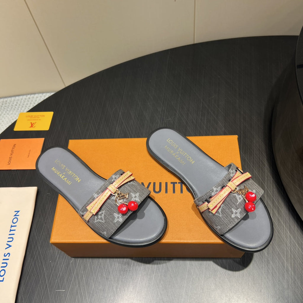 LOUIS VUITTON LV SLIDE SANDALS 25S IN DARK GREY DENIM AND CALFSKIN WITH CHERRY BLOSSOM BUCKLE