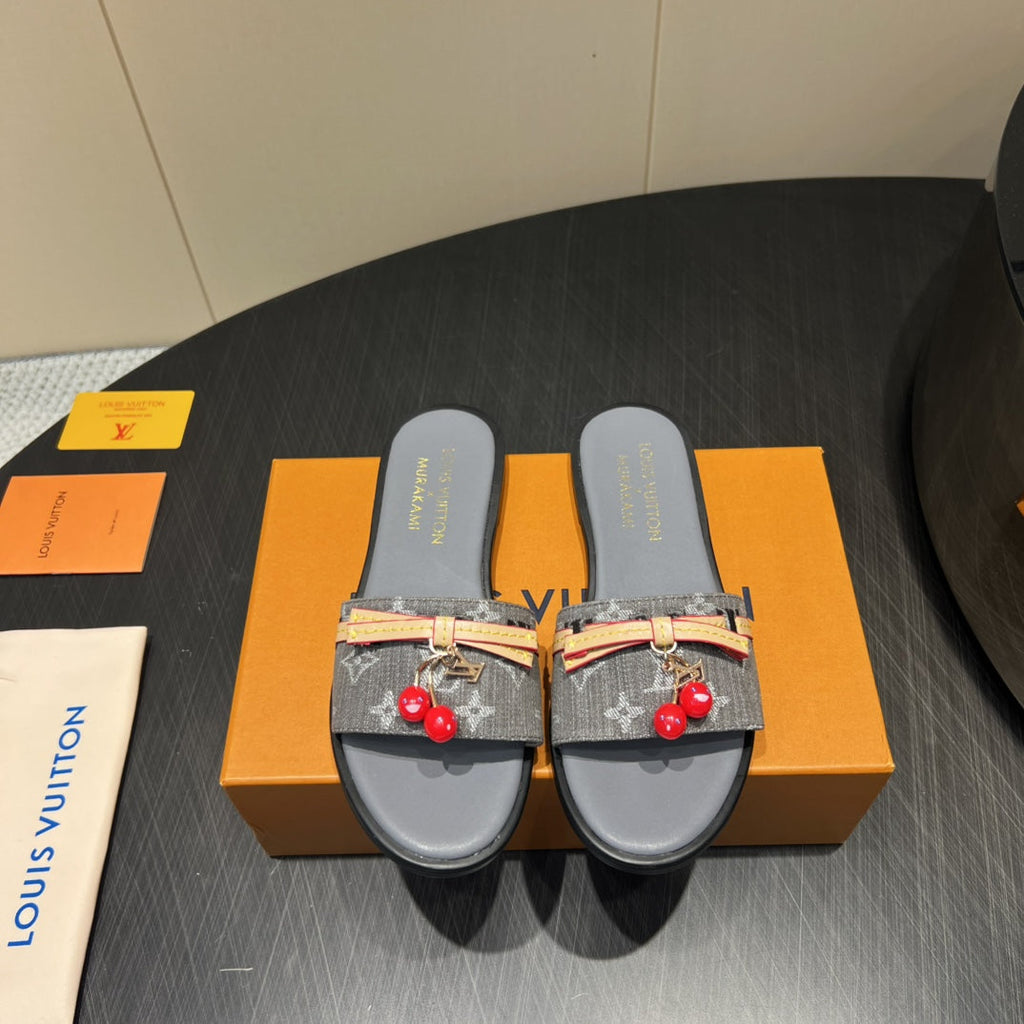 LOUIS VUITTON LV SLIDE SANDALS 25S IN DARK GREY DENIM AND CALFSKIN WITH CHERRY BLOSSOM BUCKLE
