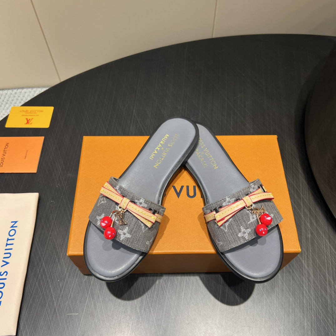 LOUIS VUITTON LV SLIDE SANDALS 25S IN DARK GREY DENIM AND CALFSKIN WITH CHERRY BLOSSOM BUCKLE