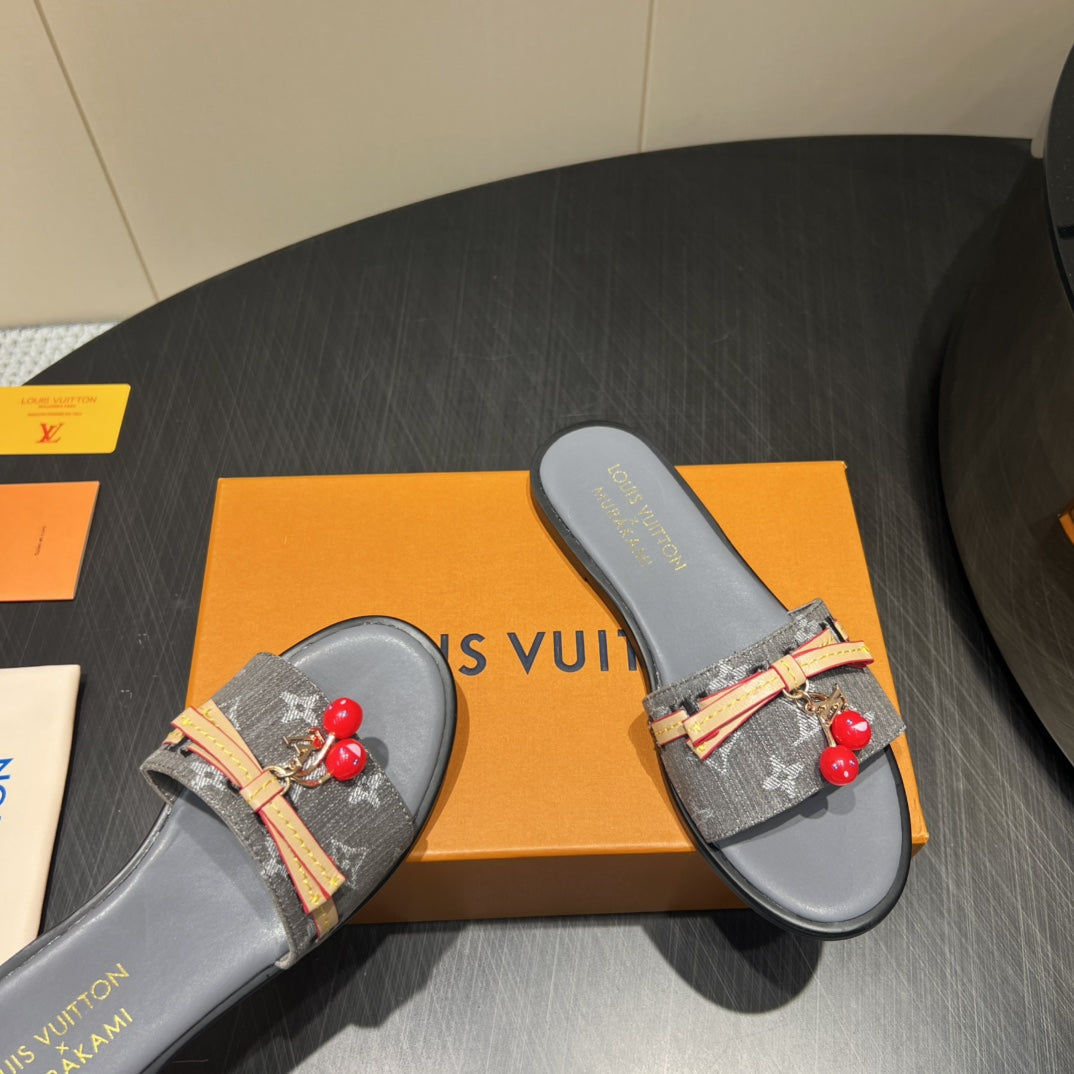 LOUIS VUITTON LV SLIDE SANDALS 25S IN DARK GREY DENIM AND CALFSKIN WITH CHERRY BLOSSOM BUCKLE