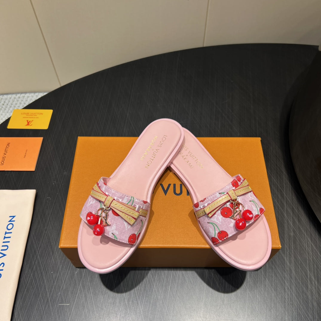 LOUIS VUITTON LV SLIDE SANDALS 25S IN LIGHT PINK DENIM AND CALFSKIN WITH CHERRY BLOSSOM BUCKLE
