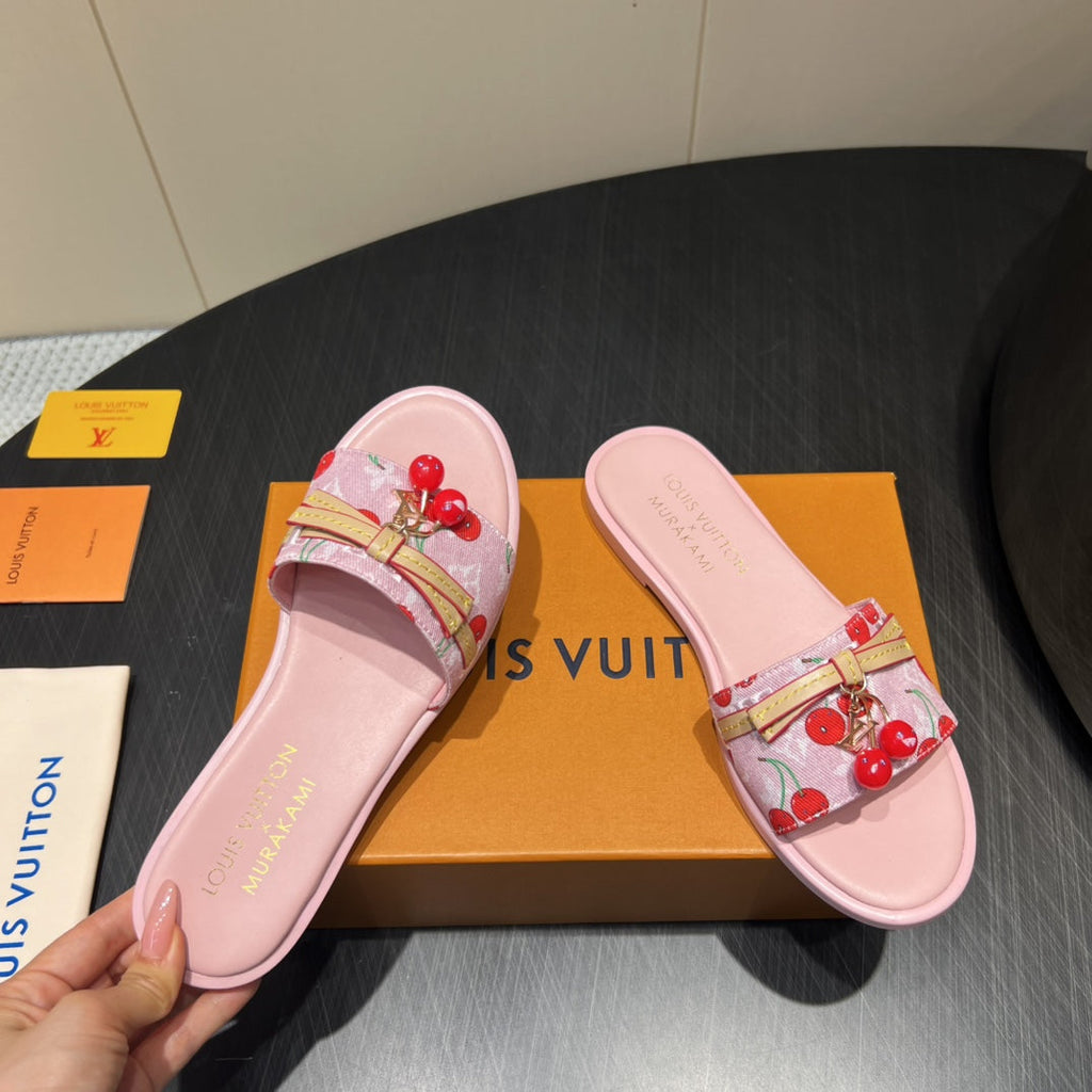LOUIS VUITTON LV SLIDE SANDALS 25S IN LIGHT PINK DENIM AND CALFSKIN WITH CHERRY BLOSSOM BUCKLE