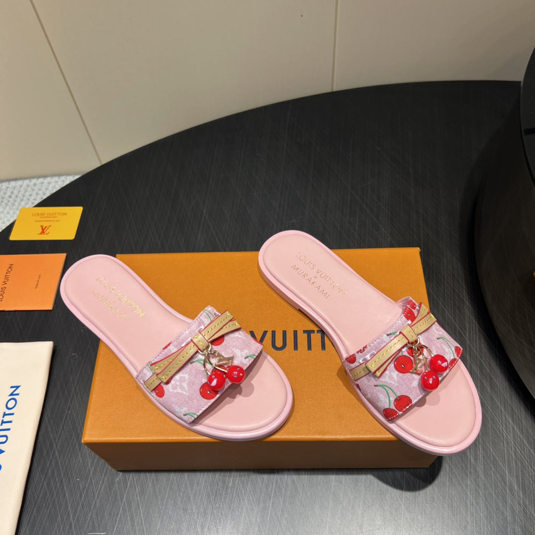 LOUIS VUITTON LV SLIDE SANDALS 25S IN LIGHT PINK DENIM AND CALFSKIN WITH CHERRY BLOSSOM BUCKLE