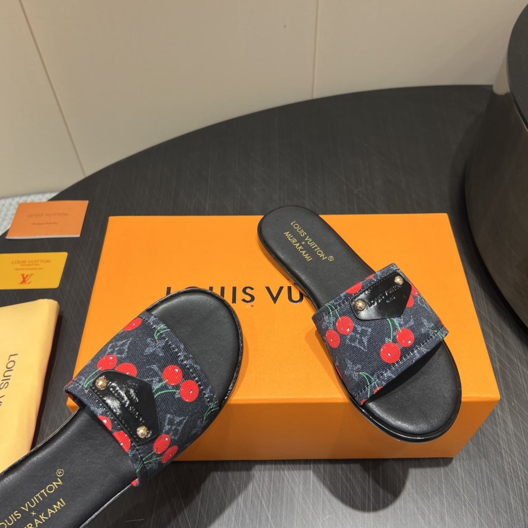 LOUIS VUITTON LV SLIDE SANDALS 25S IN BLACK DENIM AND CALFSKIN WITH LOGO PRINT