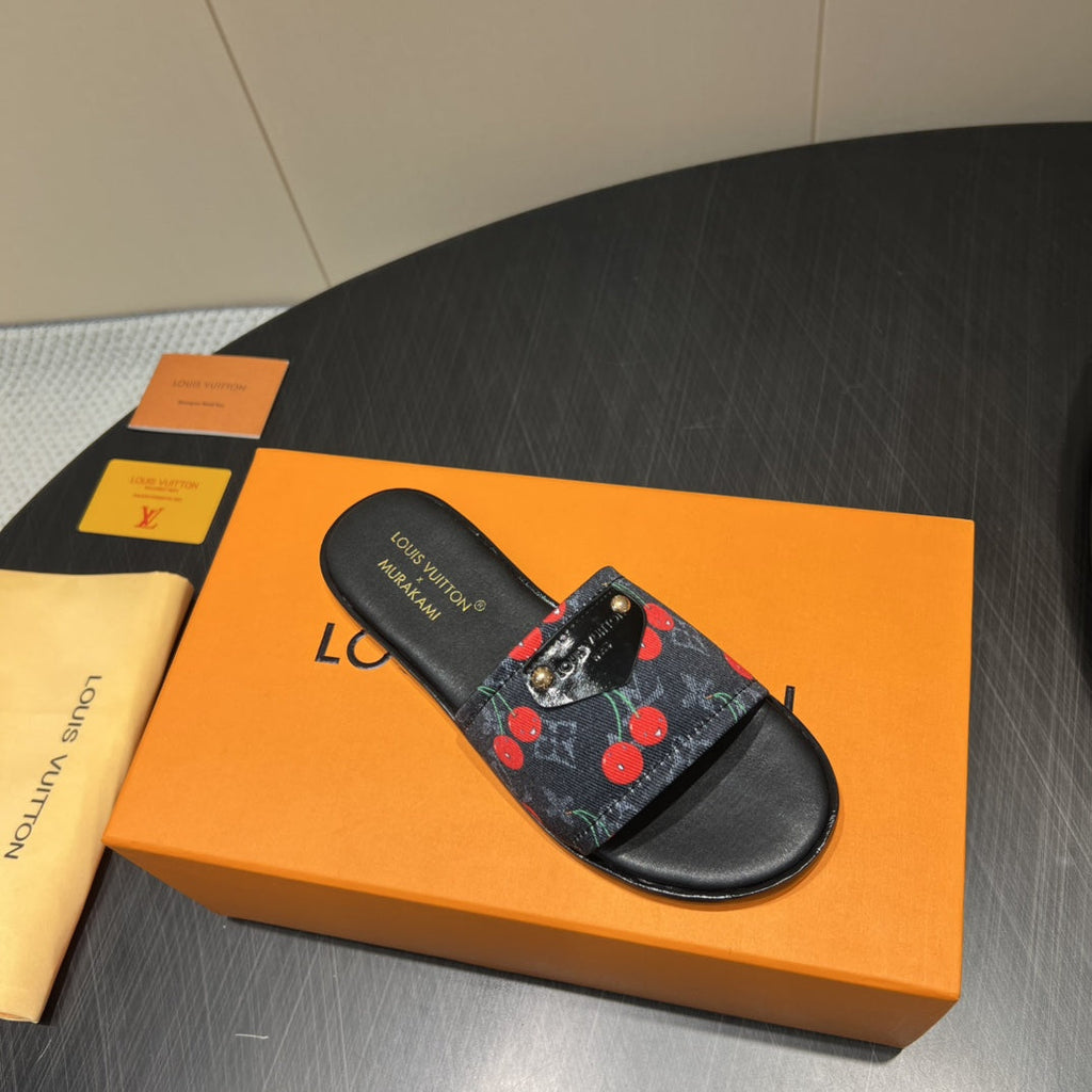 LOUIS VUITTON LV SLIDE SANDALS 25S IN BLACK DENIM AND CALFSKIN WITH LOGO PRINT